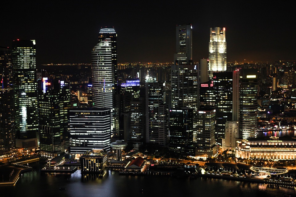 skyscrapers, night in the city, night, skyscrapers lighten up, bay, skyscraper line