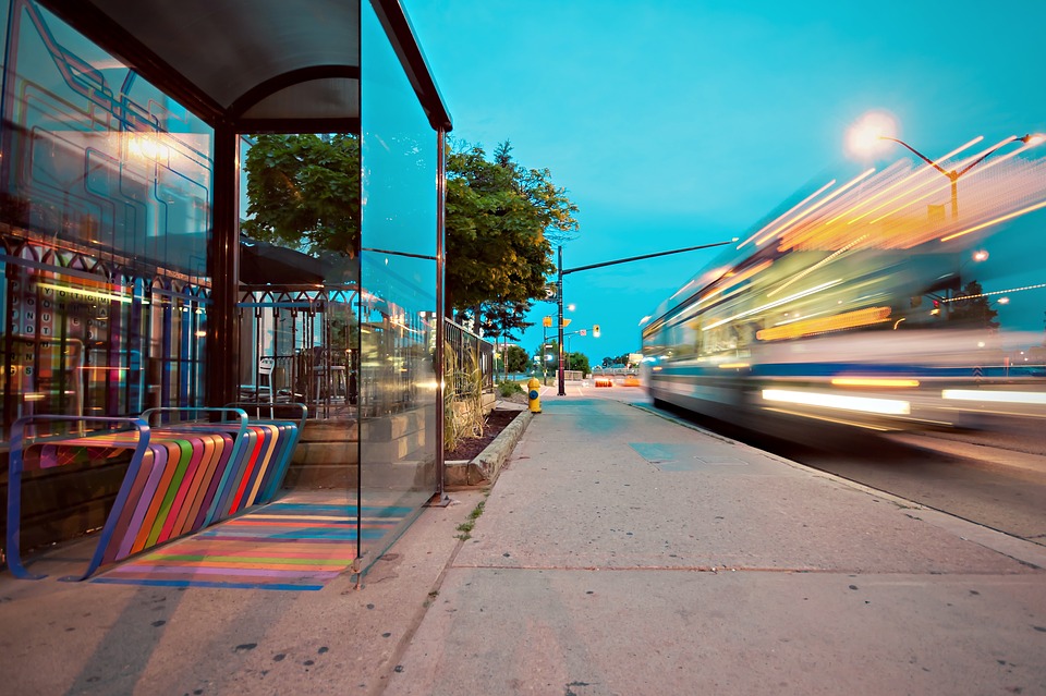 bus stop, traffic, at down, city life, fast cars, blurred lights